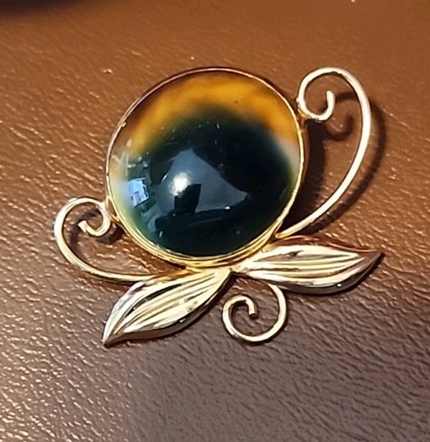 Broche colgante vintage de hoja foliada concha de óperculo ojo de gato relleno de oro de 12 quilates - Imagen 16 de 19