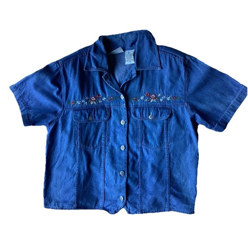 VTG New Look Floral Embroidered Denim Shirt Button Up Short Sleeve Tie Back/Pads - Picture 10 of 18