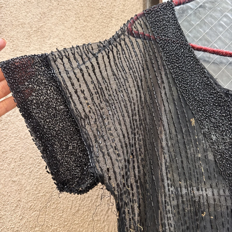 Antique 1920s Black Net Heavily Beaded Dress Train Short in Front Floral Vintage - Image 4 of 4