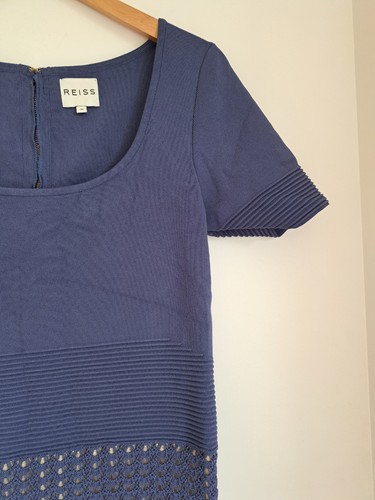 Reiss Luxe Bodycon Dress Size M Fine Knit Crochet Mesh Detail Blue Stretch - Picture 5 of 18