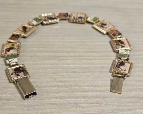 VINTAGE Matador vs. Bull Emaille Gliederarmband goldfarben spanische Stierkämpfer - Bild 7 von 10