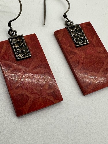 Vintage .925 Sterling Silver & Red Jasper Dangle Earrings - Picture 2 of 6