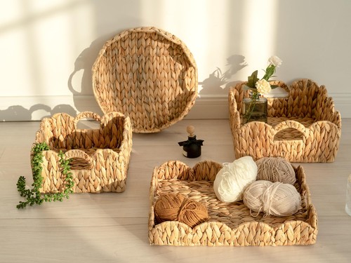 Rectangle Wicker Scalloped Tray, Rattan Serving Trays with Handles, Water Hya... - Picture 8 of 8