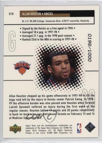 1998-99 Upper Deck Black Diamond Diamond Dominance /1000 Allan Houston #D18 - Zdjęcie 2 z 3