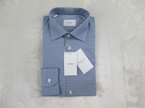 NEW Eton Dress Shirt Mens 41 16 Large Blue Geometric Cotton Slim Business - Picture 3 of 13