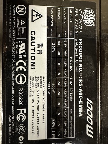 COOLER MASTER RS-A00-EMBA Power Supply Real Power Pro1000 - Afbeelding 1 van 2