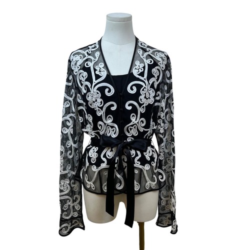 JS Collections Women's Black Embroidered Blouse With White Floral Design Sz 12 - Picture 2 of 24