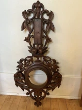 Antique Victorian Black Forest Carved Wood Flower Fruit Barometer 27” Frame