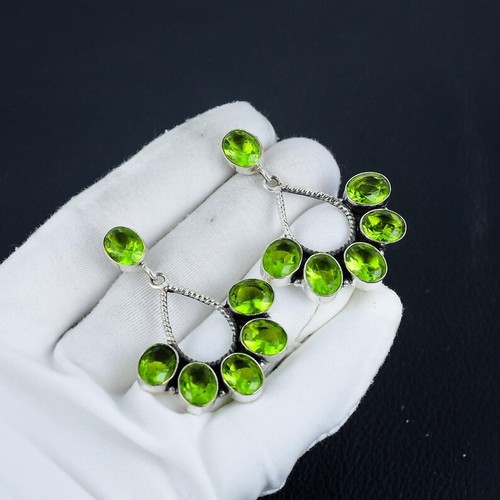 Green Peridot Gemstone Handmade 925 Sterling Silver Jewelry Earring Size-1.65" - Picture 1 of 5