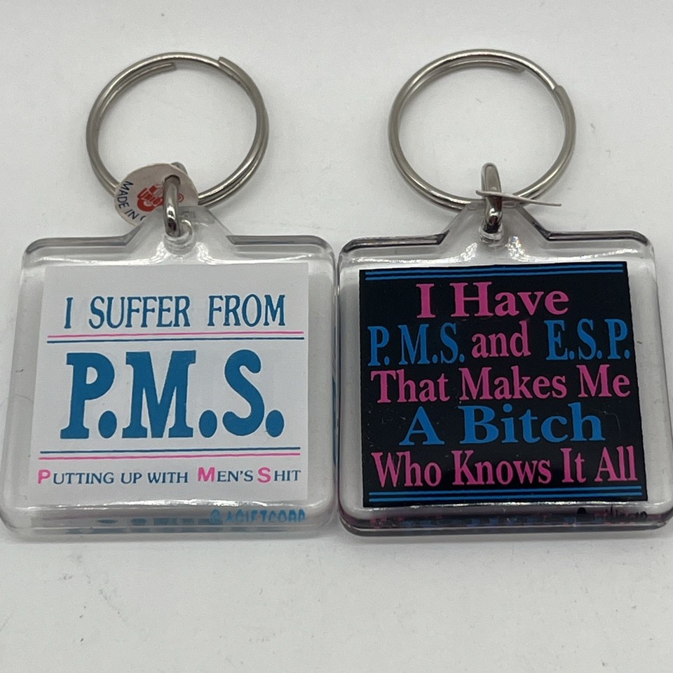 A lot of genuine vintage 80s/90s PMS-joke keychains — kitschy retro novelty with real nostalgic charm as a batch find.
