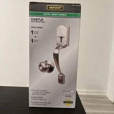 Defiant Castle Entry Door Handle and Knob Set Satin Nickel