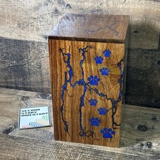 Wooden Pet Urn Box Memorial Keepsake Blue Epoxy Fractal Paw Prints Custom Unique