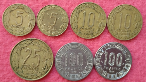 Zentralafrikanische Staaten Lot 7 versch. Münzen 5 Francs-100 Francs (1974-1998)