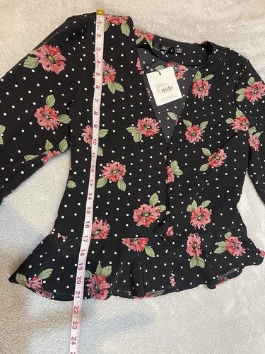 Missguided UK 14 NWT Black Floral Polka Dot Peplum Top - Picture 8 of 15