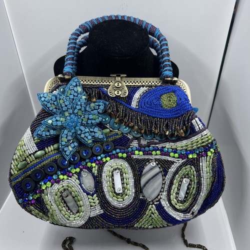 Vintage Chico’s Kaleidoscope Blue Beaded Bag With Chain Strap - Picture 4 of 20