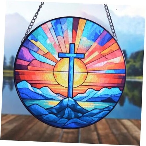 Cross Stained Glass Window Hanging, Round Religious Wall Art Decor Suncatchers