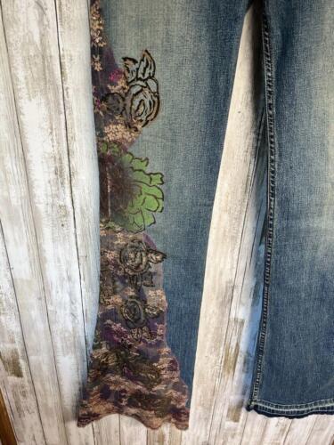 Women's ABS by Allen Schwartz Floral & Gold Lace Flare Jeans Size 29 Y2K Vtg - Picture 3 of 7
