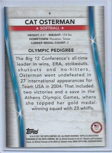 2020 TOPPS OLYMPICS CAT OSTERMAN CARD #9 ~ USA SOFTBALL 2021 ~ QTY ~ TEXAS - Picture 2 of 2