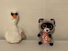 Ty Beanie Boos ROCCO the Raccoon Gray/Pink Sparkle Eyes 2014 & GRACE The Goose