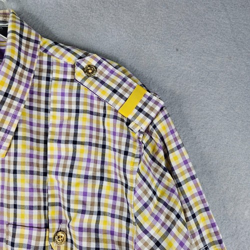 Cavi Dress Shirt Mens 2XL Purple Yellow Plaid Military Style Gold Button - Picture 5 of 11