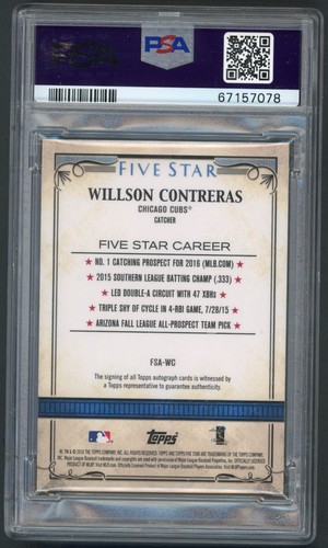 2016 Topps Five Star Willson Contreras Chicago Cubs PSA 10 GEM MINT Autographs - Picture 2 of 2