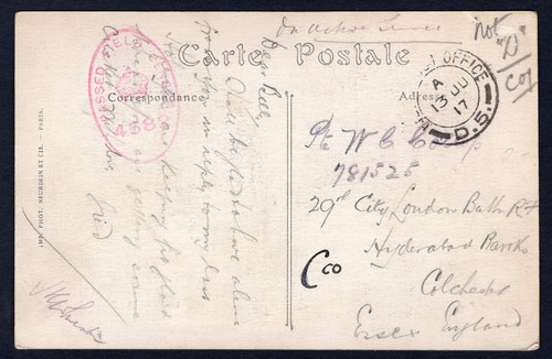 GB WW1 1917 Censored Postcard from France to Colchester - 第 2/3 張圖片