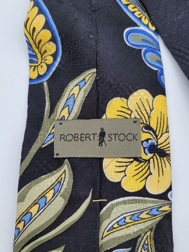 Robert Stock Men's Blue/Yellow Floral Paisley Print Handmade Silk Tie - NWOT - Picture 3 of 4