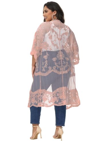 Women Plus Size Lace Cardigan Open Front Floral Crochet Cover Ups Long Kimono - Picture 11 of 81