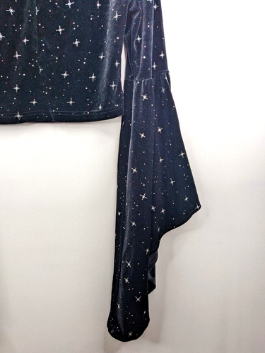 Stunning luxe Black top Silver Star Celestial pattern Bell Flared Sleeve Size 14 - Picture 20 of 22