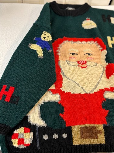 Vintage Berek Ugly Sweater Ho Ho Ho Santa 100% Wool Hand Knit Front Back Size S - Picture 16 of 22