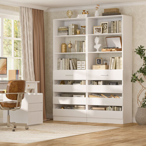 80 Inch Tall Storage Cabinet Bookshelf, Home Office Bookcase with 4 Wood Drawers
