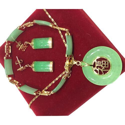 Jewelry Set Jade 18K Gold Plated Pendant Necklace Bracelet Earrings Lucky Party - Bild 18 von 24