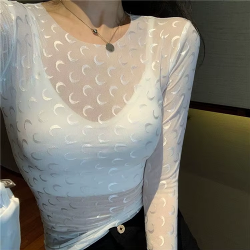 Fashion Moon See Through Mesh T-shirt 2025 Summer Y2K Grunge Slim Fit Black Top - Picture 6 of 10