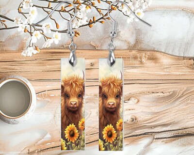 Earrings, Highland Cow and Sunflowers Wood Bar Printed Earrings Jewelry