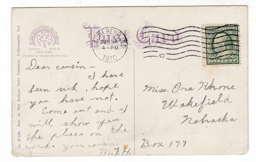 1910 SOUTH BEND INDIANA J D OLIVER HOME PORCH POSTCARD IN WAKEFIELD NEBRASKA NE - Picture 2 of 2