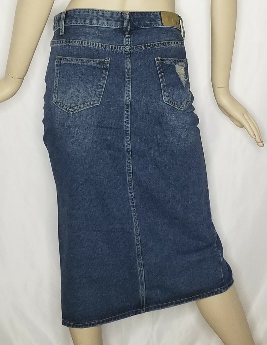 Distressed denim pencil skirt outlet