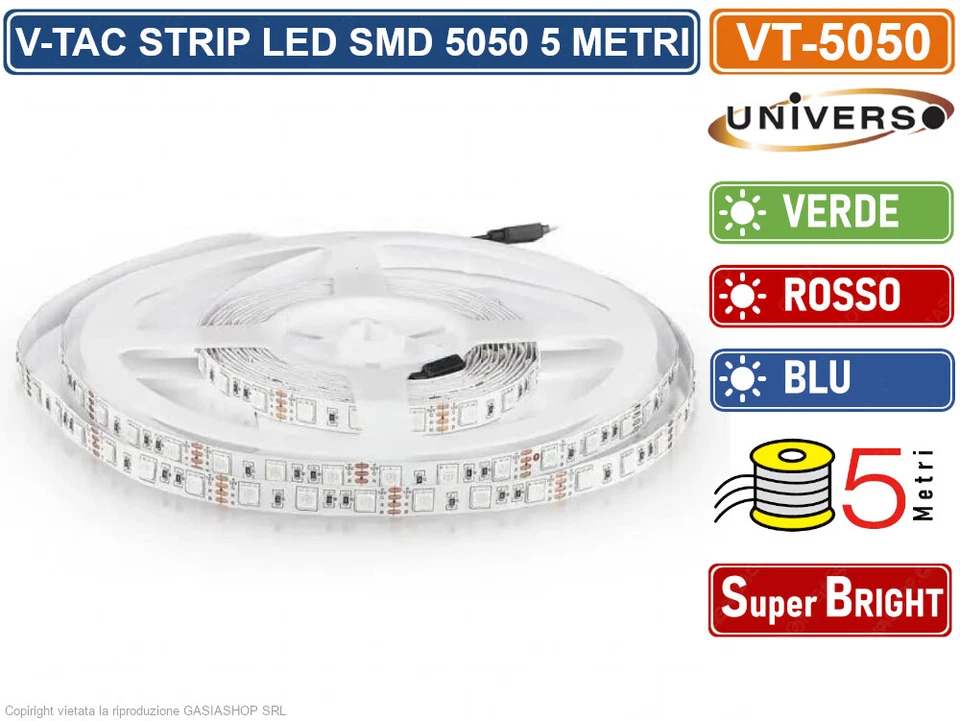 V-TAC VT-5050-60 STRISCIA LED FLESSIBILE 55W SMD 60 LED/METRO 12V 5 METRI - IP20 - Immagine 2 di 3