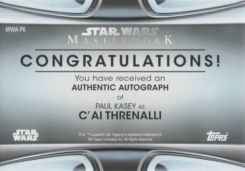 Tarjeta de autógrafo de Star Wars Masterwork 2021, Paul Kasey (C'ai Threnalli) MWA-PK - Imagen 2 de 2