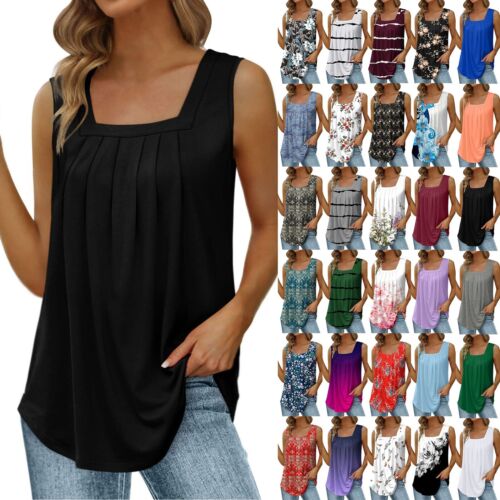 Women Sleeveless Basic Vest Tank Tops Printed Summer Casual Loose T-Shirt Blouse