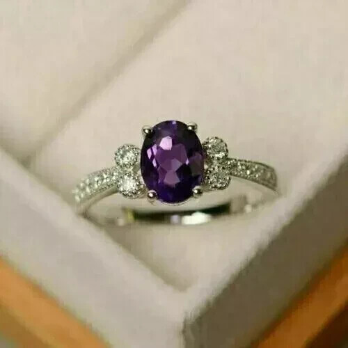 3 kt Ovalschliff Laborgefertigter lila Amethyst Verlobungsring 14 K Weißgold plattiert - Bild 5 von 8