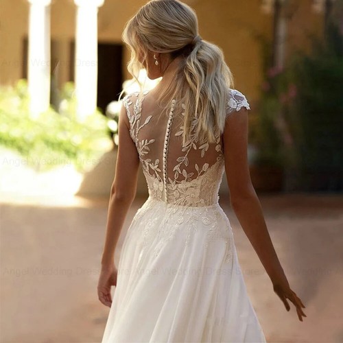 Elegant A-Line Wedding Dresses Round Neck Side Slit Lace Applique Bridal Gowns - Picture 4 of 9