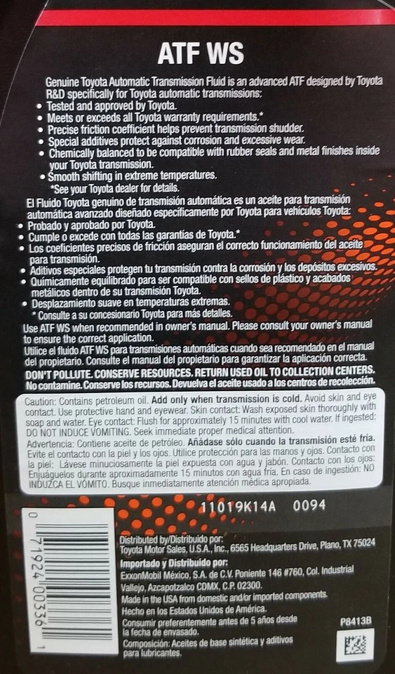 Fluido de óleo de transmissão automática 4 quartos GENUÍNO TOYOTA ATF WS Lexus Scion - Imagem 3 de 3