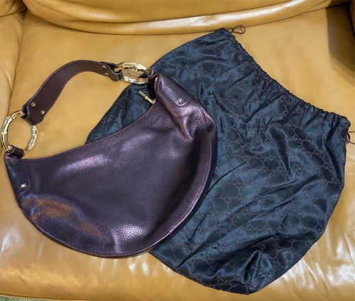 GUCCI Tom Ford GoldBrown Bamboo Leather Burgundy Crescent Hobo Shoulder Bag - Picture 8 of 8