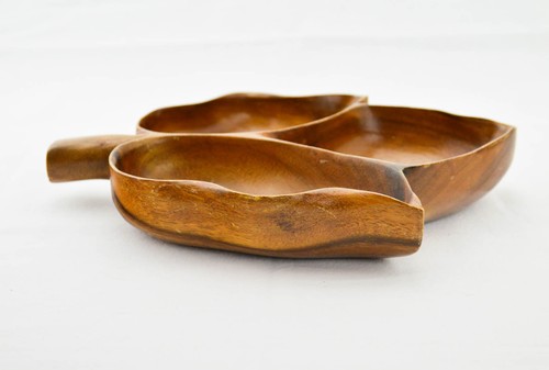 Vintage House of Monkeypod Hawaii Hardwoods Carved Wood Leaf Dish Tiki 3 Section - Picture 4 of 6