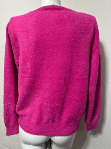 Nanette Lepore Women Bright Pink Fuzzy Cardigan Button Down Gold Large New NWT - Picture 4 of 8