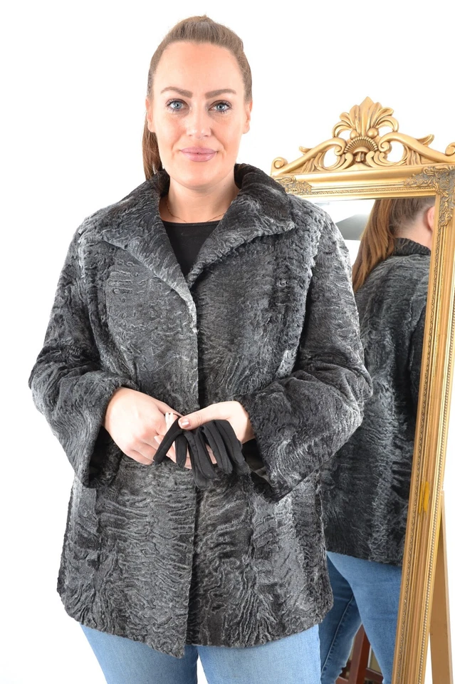 US4713 РЕАЛЬНЫЙ СЕРЫЙ ШИРОКОХВОСТЫЙ ПЕРСИДСКИЙ ЯГНЕНОК МЕХА КУРТКА РАНЧО ПЕРСИДСКИЙ ЯГНЕНОК ПАЛЬТО 2XL - Изображение 3 из 4