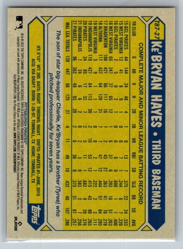 2022 Topps #T87-27 Ke'Bryan Hayes Piratas de Pittsburgh envío gratuito - Imagen 2 de 2