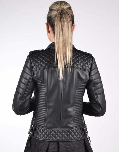 Royal Women Leather Jacket Genuine Lambskin Motorcycle Biker Black - Picture 2 of 4