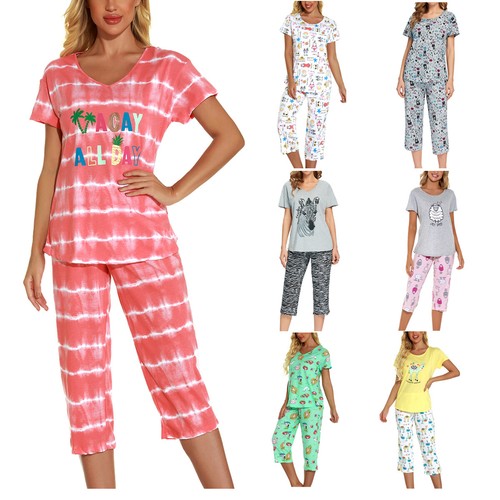 Women Cute Pajama Set Soft Cotton Short Sleeve Comfy Pjs Pant 2 Piece Sleepwear - Picture 1 of 38