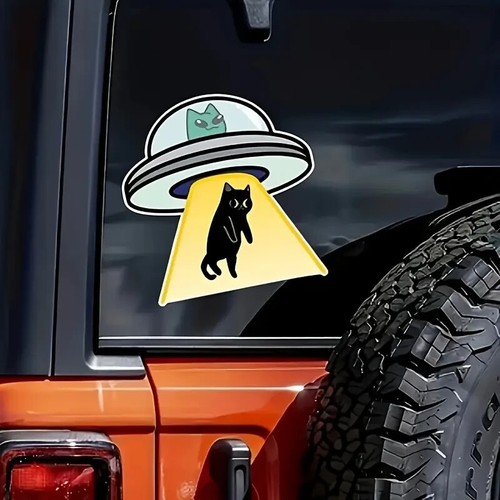 Cat Alien UFO - Funny Car Decal for Window or Laptop- 5.7" x 5.9" - Picture 3 of 6